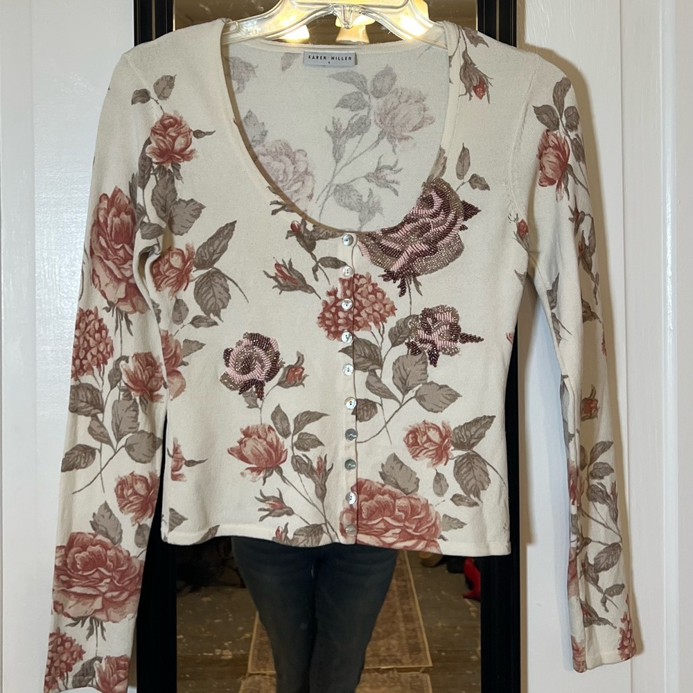 Karen Millen Cream and Brown Beaded Floral Knit